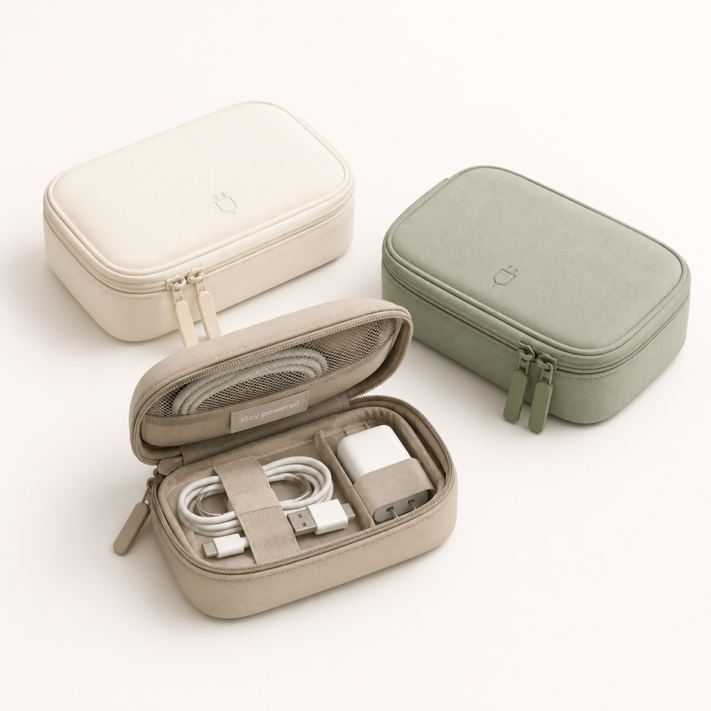 Cable organizers in cream, taupe and sage green on a clean neutral background