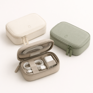 Cable organizers in cream, taupe and sage green on a clean neutral background