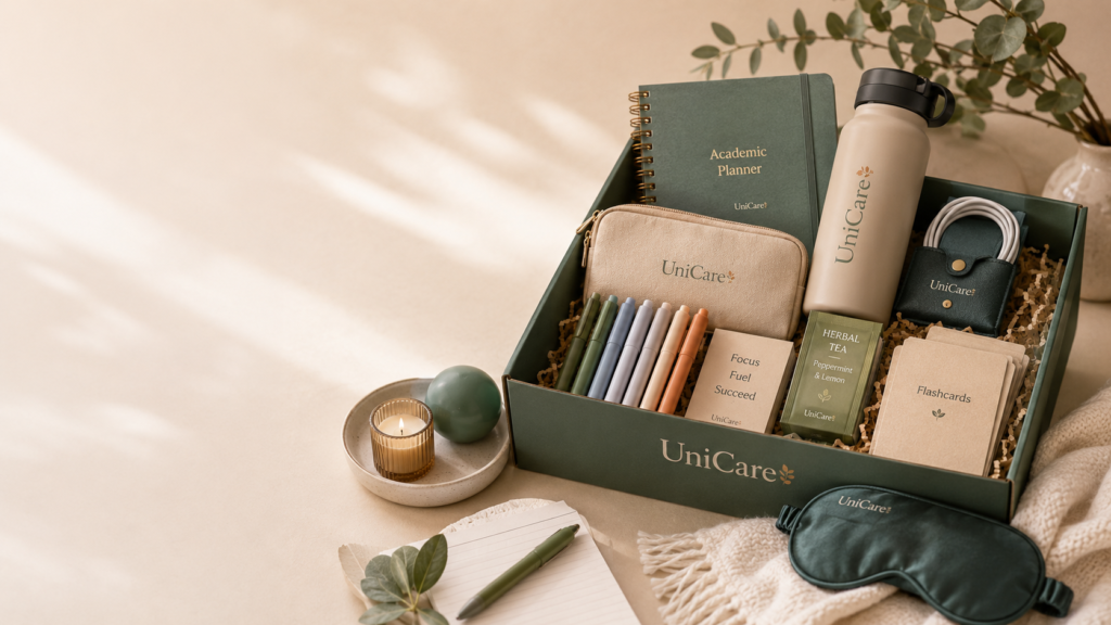 UniCare student essentials kit displayed in an open box, containing an academic planner, pencil case, pens, herbal tea, flashcards, water bottle, and charging cable. A lit candle and a small decorative ball sit on a tray beside a soft blanket. Warm, neutral tones with a cozy and organized aesthetic.