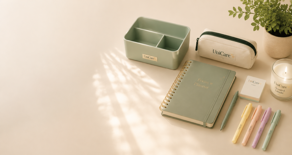 UniCare student blog workspace with planner, pens, and study essentials