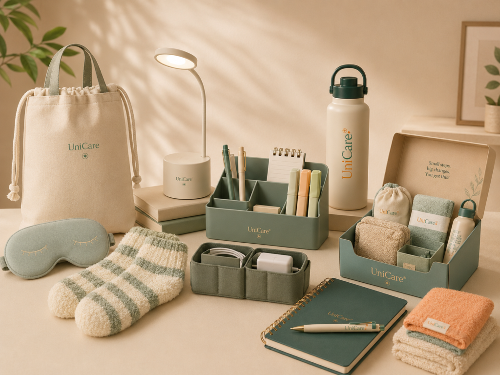UniCare Dorm Essentials kit featuring laundry bag, mini fan, water bottle, and study desk accessories for student dorms.