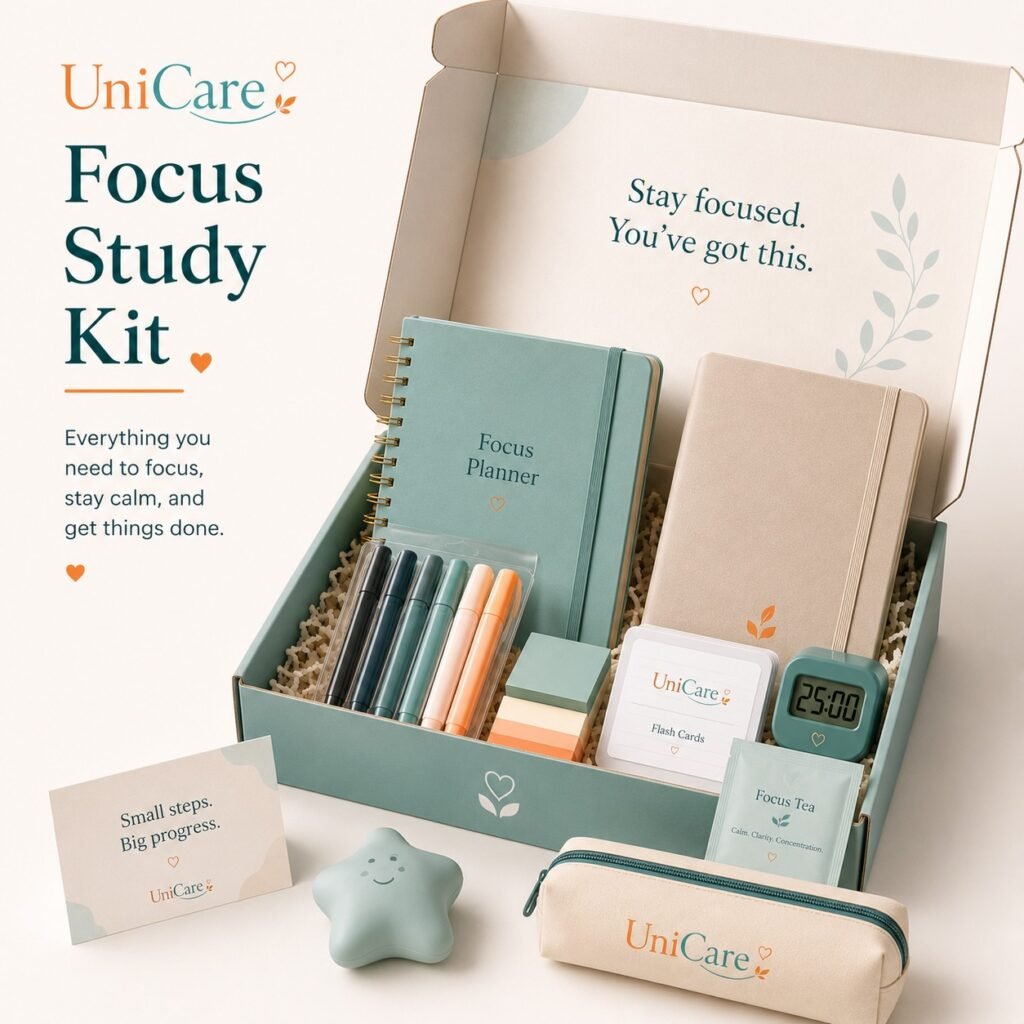 UniCare Focus Study Kit with focus planner, flashcards, writing tools, sticky notes, Pomodoro timer, tea, and stress relief item