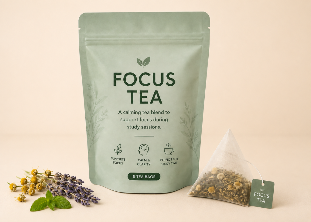 Focus Tea pouch with herbal tea bag on a light beige background