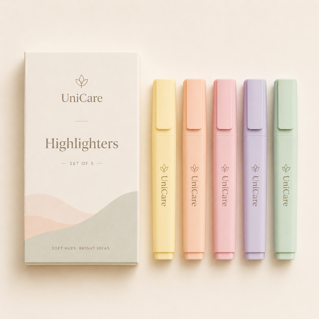 UniCare Highlighters Set with 5 pastel colors (Yellow, Peach, Pink, Purple, Green) for lectures and revision