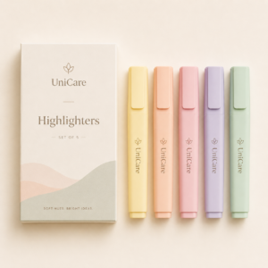 UniCare Highlighters Set with 5 pastel colors (Yellow, Peach, Pink, Purple, Green) for lectures and revision