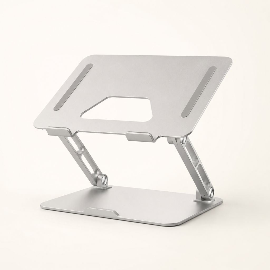 Silver adjustable laptop stand on a clean neutral background