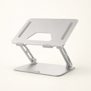 Silver adjustable laptop stand on a clean neutral background