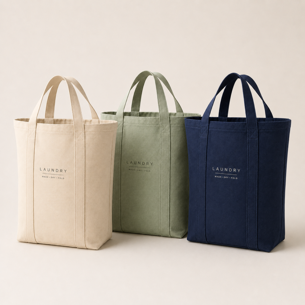 Cream, sage green and navy blue laundry bags on a clean neutral background