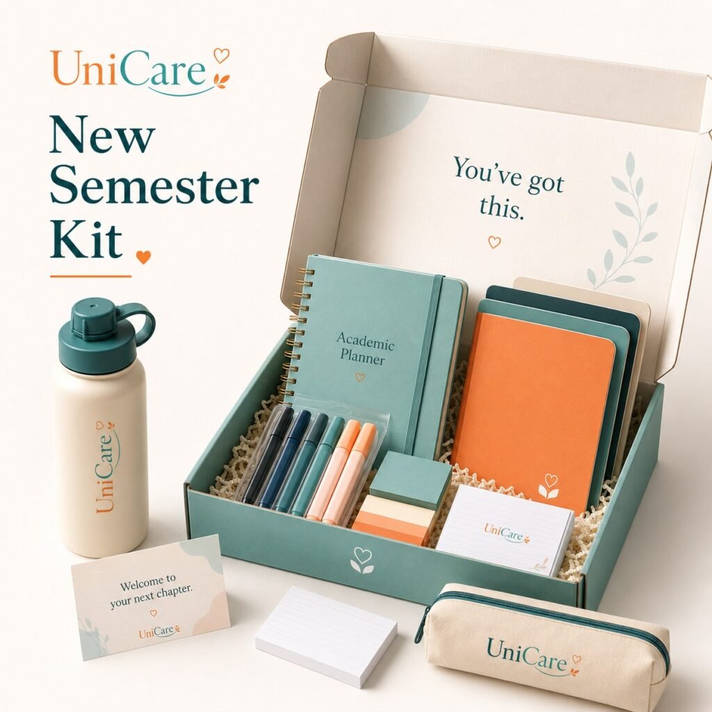UniCare New Semester Kit with academic planner, notebook, pen set, sticky notes, flashcards, reusable water bottle, and UniCare pouch
