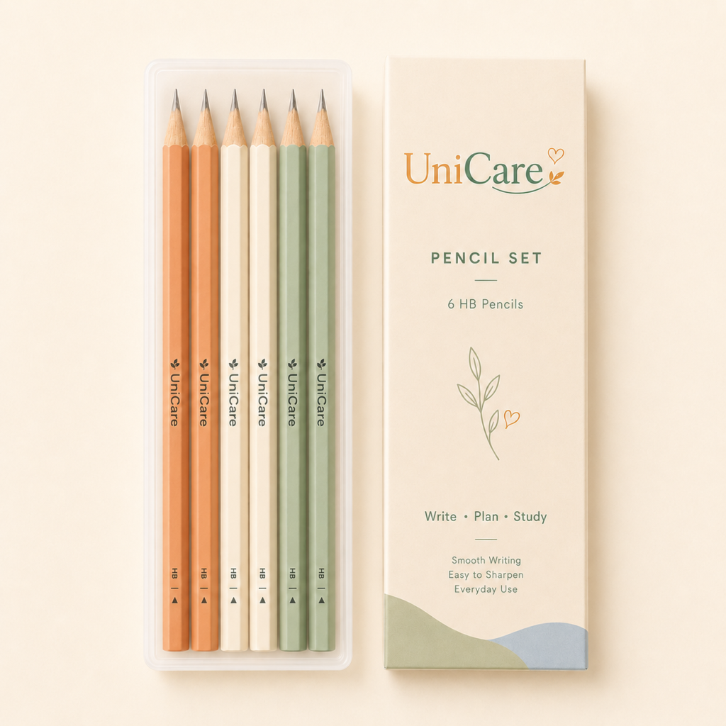 UniCare pencil set with six pencils and packaging on a light neutral background