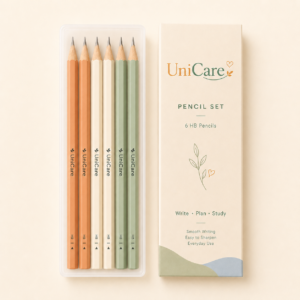 UniCare pencil set with six pencils and packaging on a light neutral background