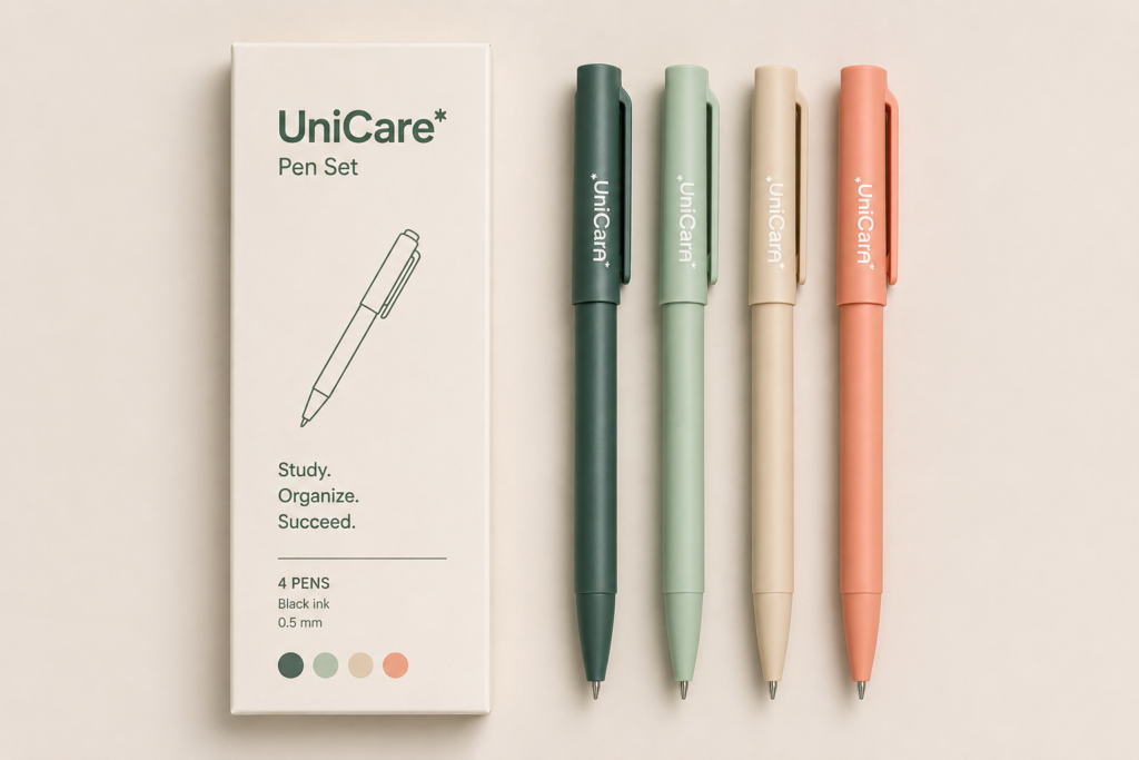 UniCare Pen Set with 4 soft-color pens for lectures, revision, and daily planning