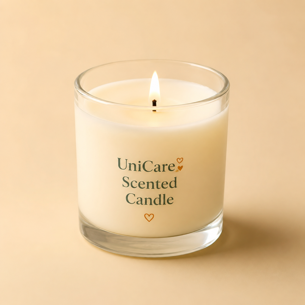 Vanilla scented candle in a clear glass jar on a soft beige background