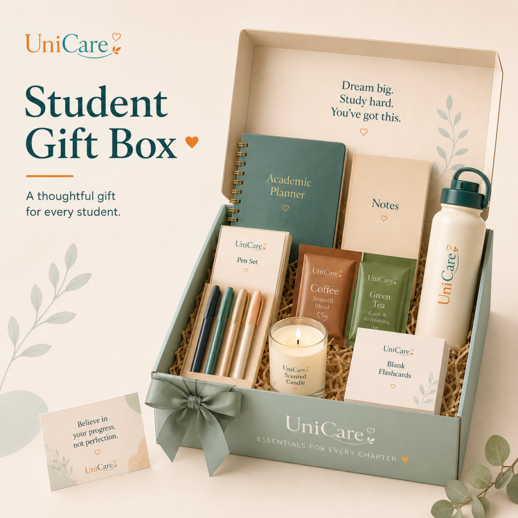 UniCare Student Gift Box containing academic planner, notes notebook, blank flashcards, pen set, coffee & tea mini pack, reusable water bottle, and scented candle.
