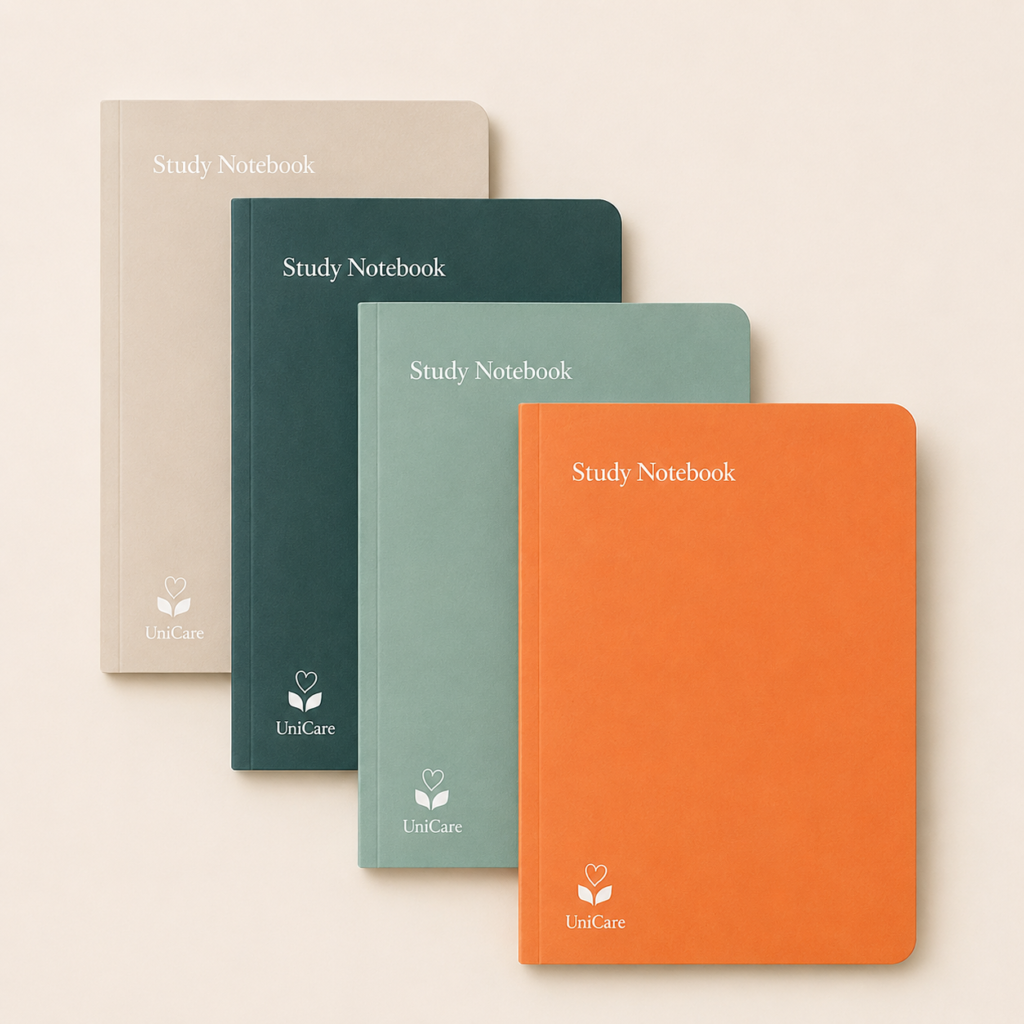 Study Notebook in four colors (Orange, Light Green, Dark Green, Beige) for lecture notes, revision, and daily study