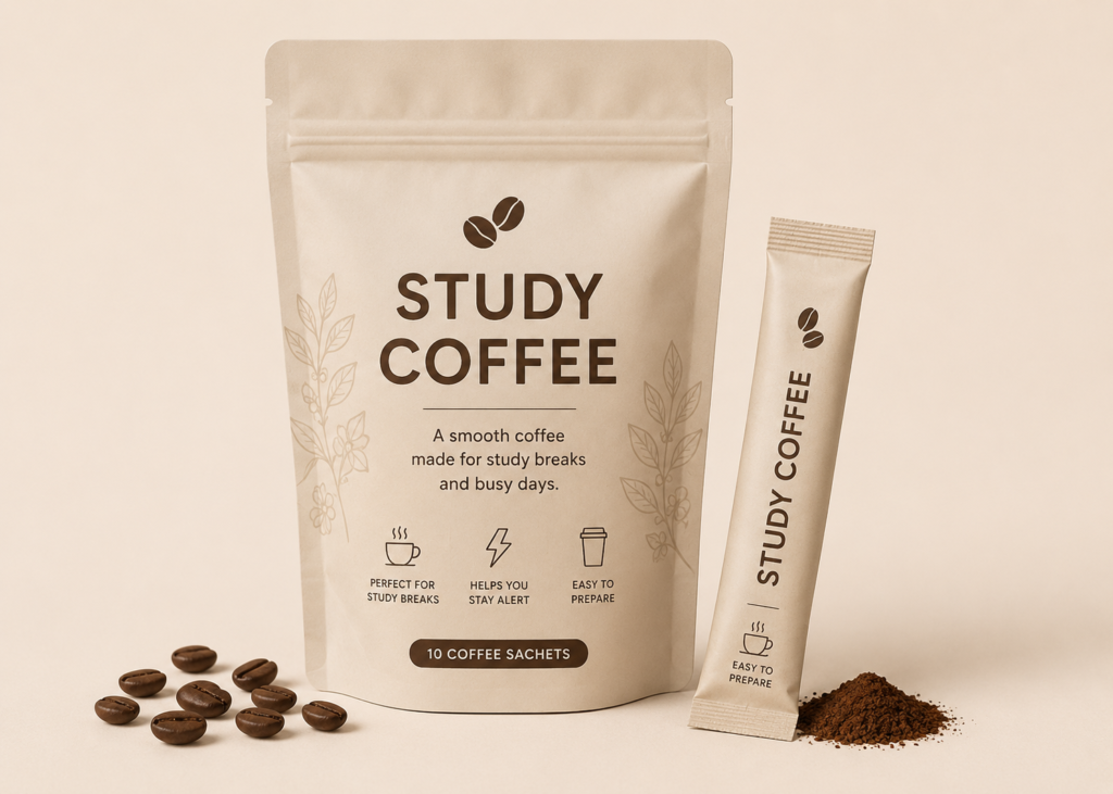 Study Coffee pouch with coffee sachet and coffee beans on a light beige background