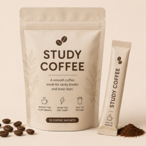 Study Coffee pouch with coffee sachet and coffee beans on a light beige background