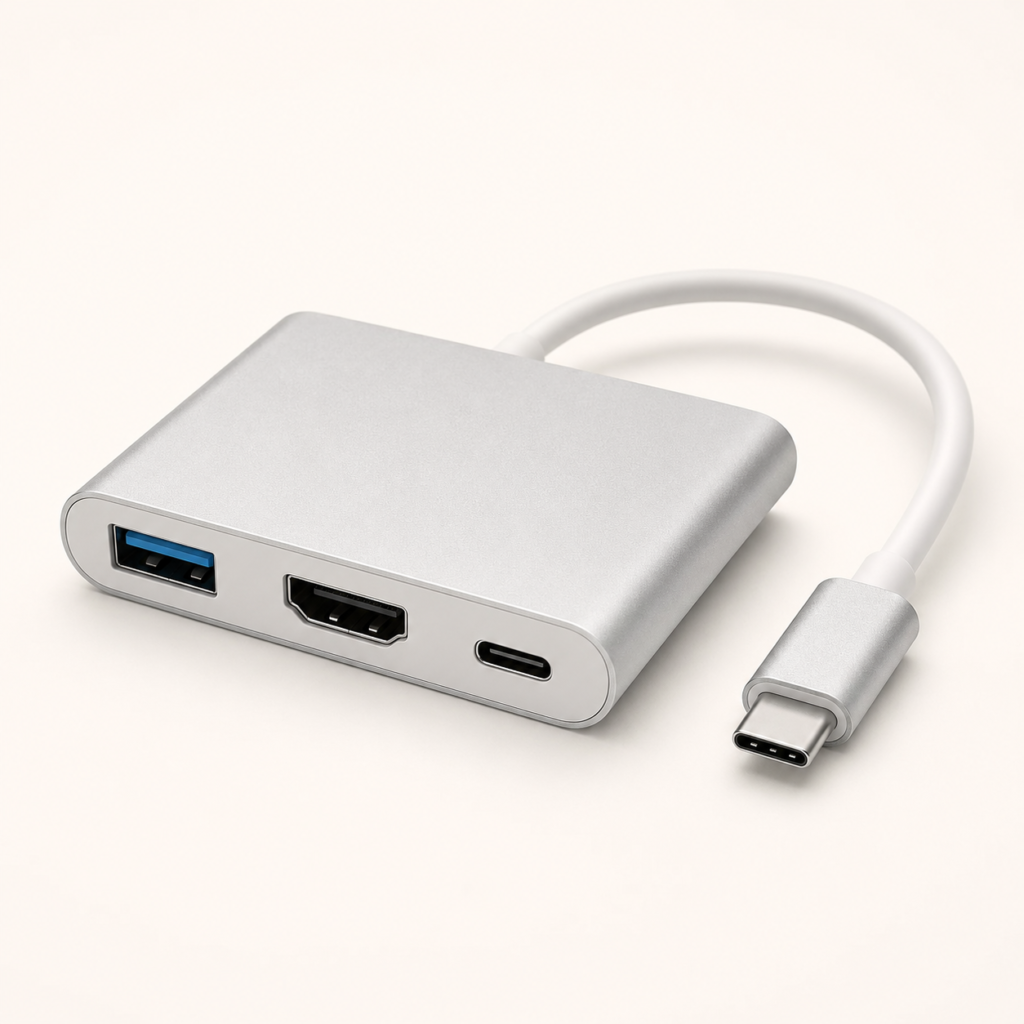 3-in-1 USB-C hub with USB-A, HDMI and USB-C ports on a clean neutral background