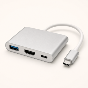 3-in-1 USB-C hub with USB-A, HDMI and USB-C ports on a clean neutral background