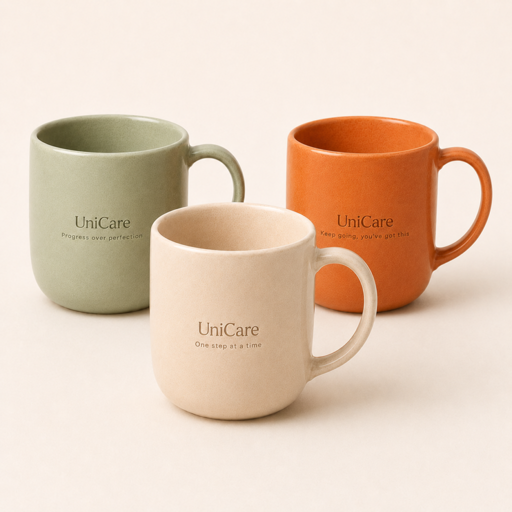 Beige, sage green and orange UniCare mugs displayed together on a light neutral background