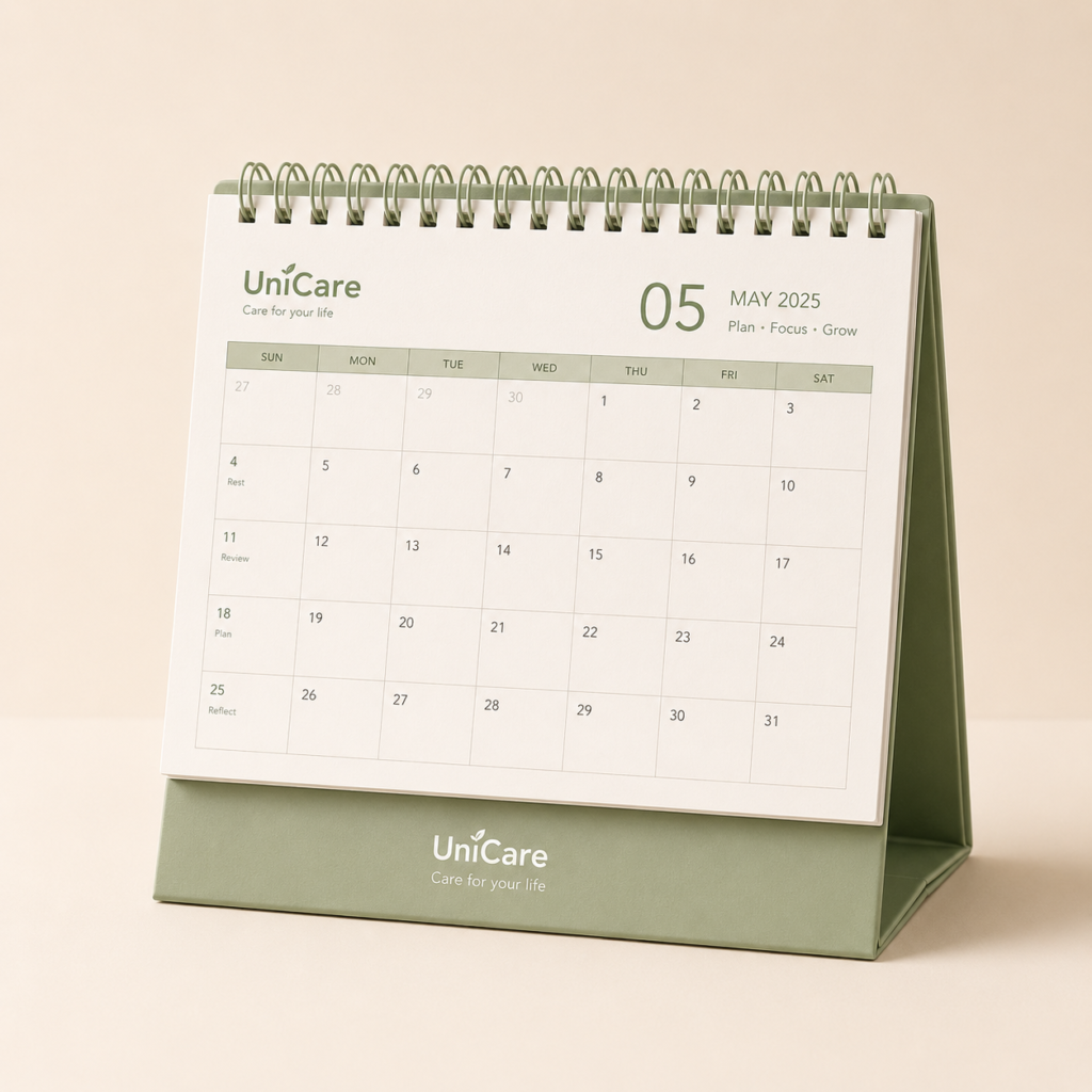 Sage green UniCare desk calendar on a soft beige background
