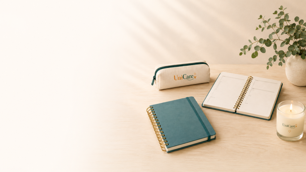 UniCare student essentials including an academic planner, pencil case, and candle on a desk, representing organized and supportive student lifestyle.