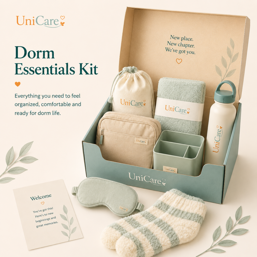 UniCare Dorm Essentials Kit with laundry bag, mini towel, room organizer pouch, desk organizer, reusable water bottle, sleep mask, cozy socks, and welcome checklist