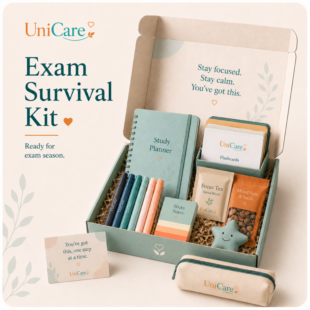 UniCare Exam Survival Kit with planner, flashcards, highlighters, sticky notes, healthy snacks, and stress relief item