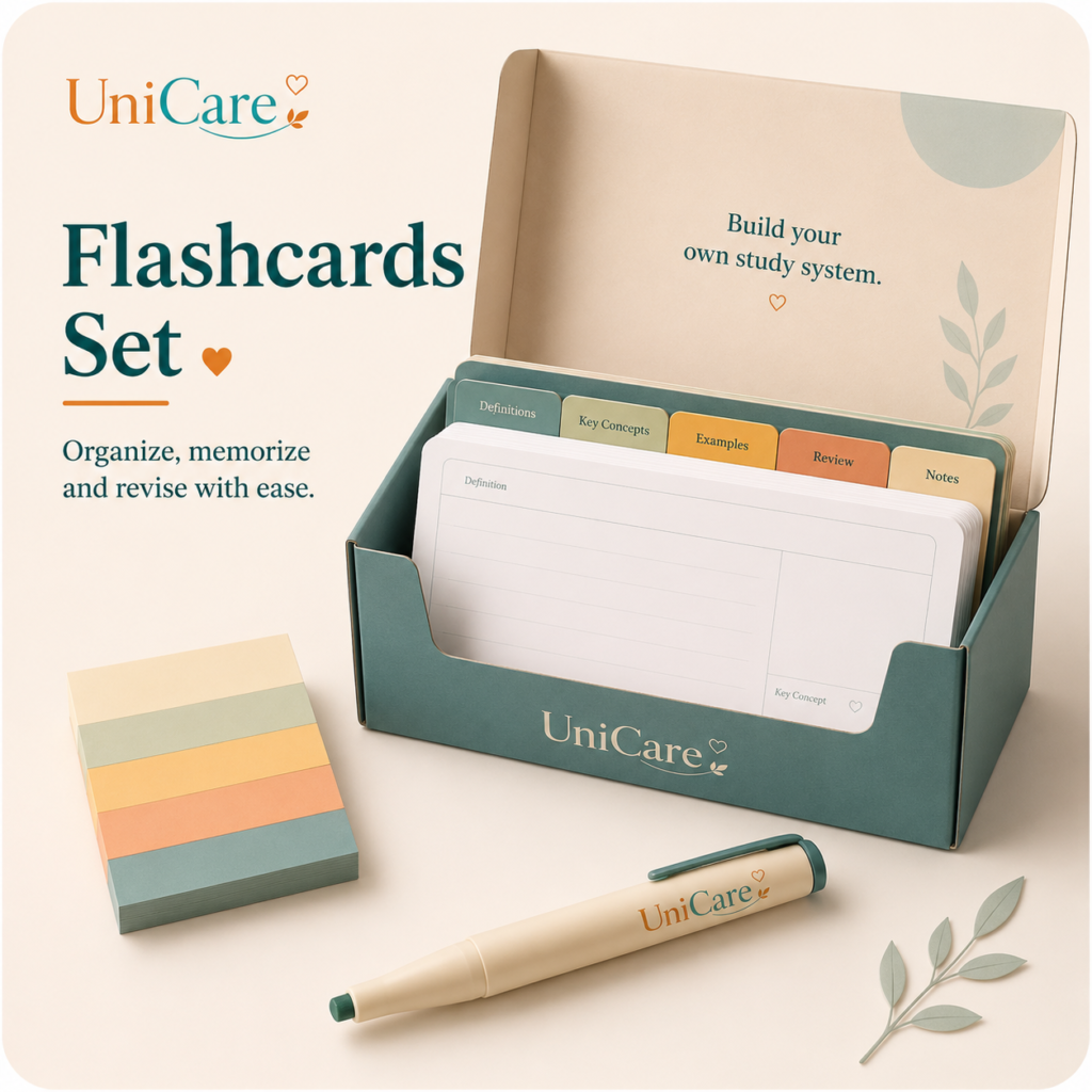UniCare Flashcards Set with blank flashcards, colored divider tabs, sticky notes, storage box, and UniCare highlighter