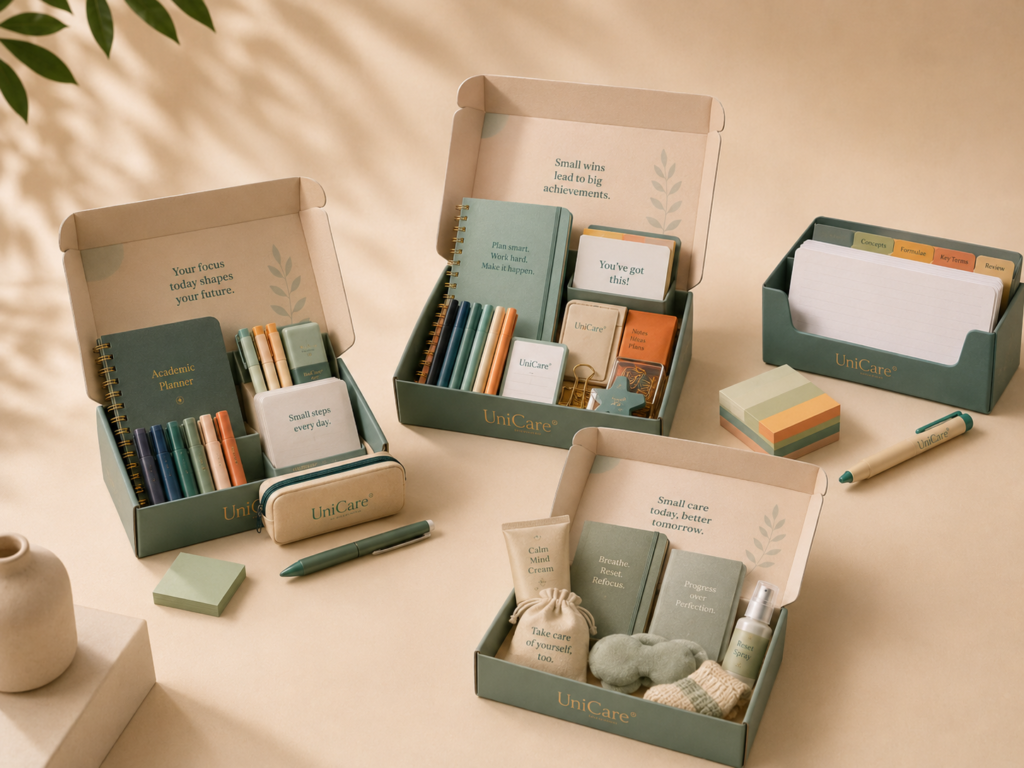 UniCare Student Kits with curated tools and stationery to support study sessions, exams, and university routines.