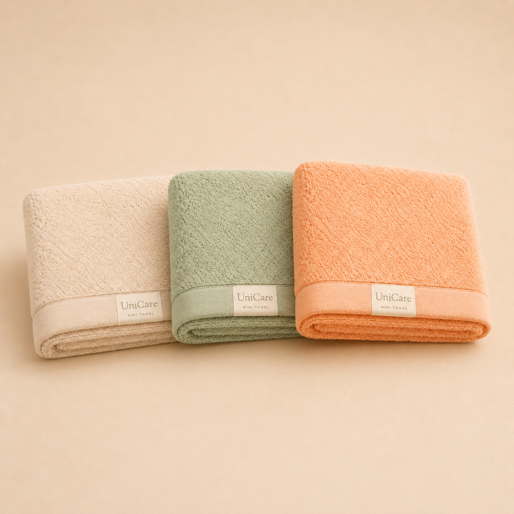 Mini Towels in Beige Green and Orange for student dorm and gym routines