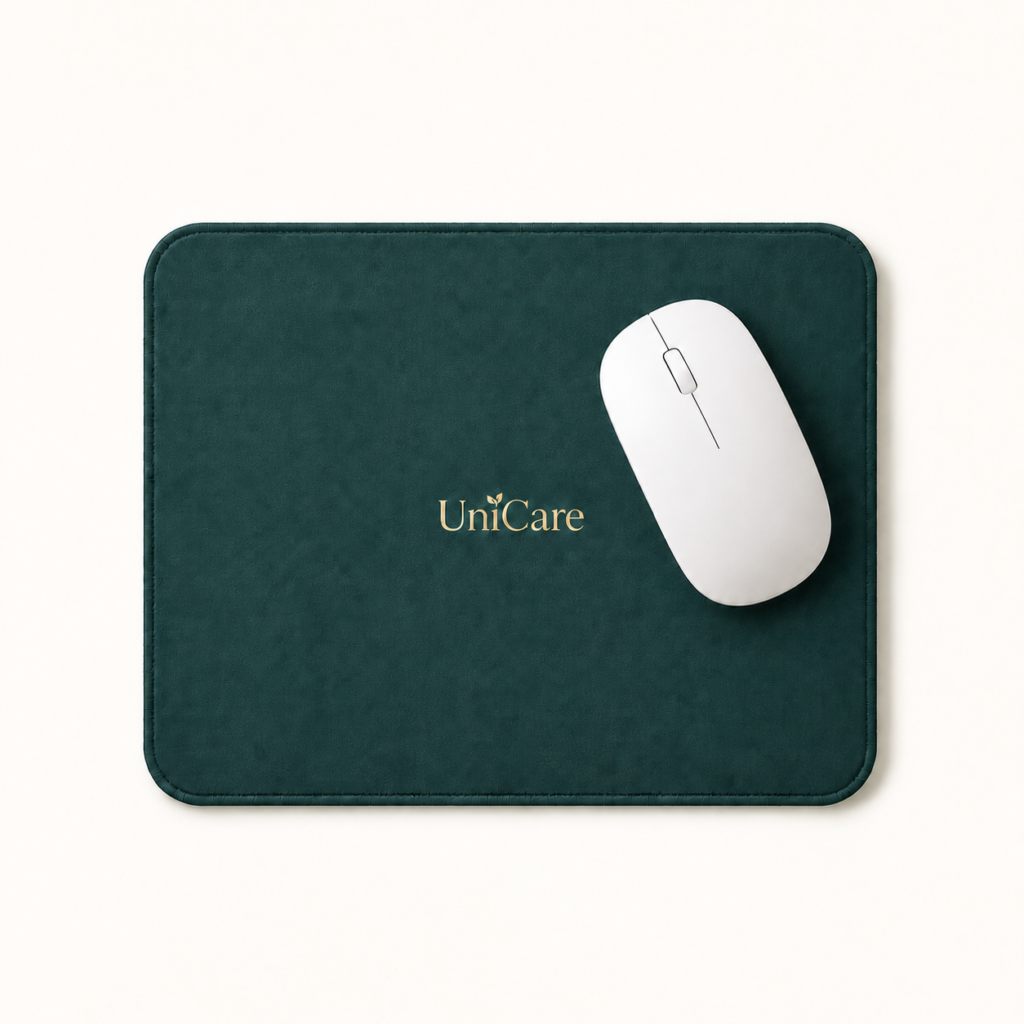 UniCare mouse pad with wireless mouse on a light background