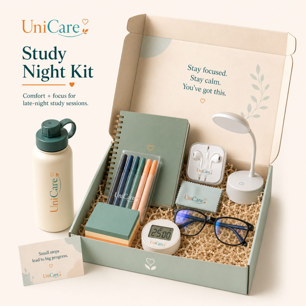 UniCare Study Night Bundle with notebook, pen set, sticky notes, water bottle, earphones, Pomodoro timer, mini lamp, and blue light glasses.