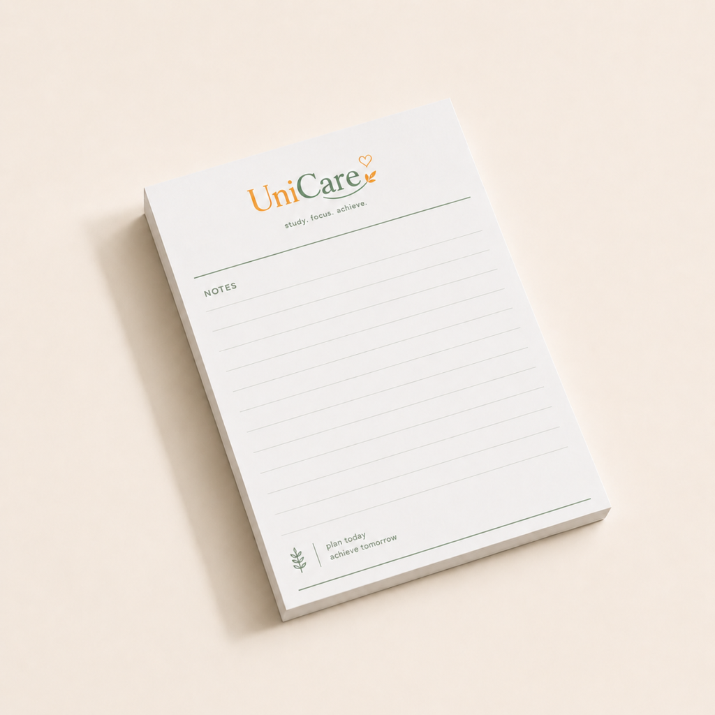 UniCare notepad with green details on a light beige background