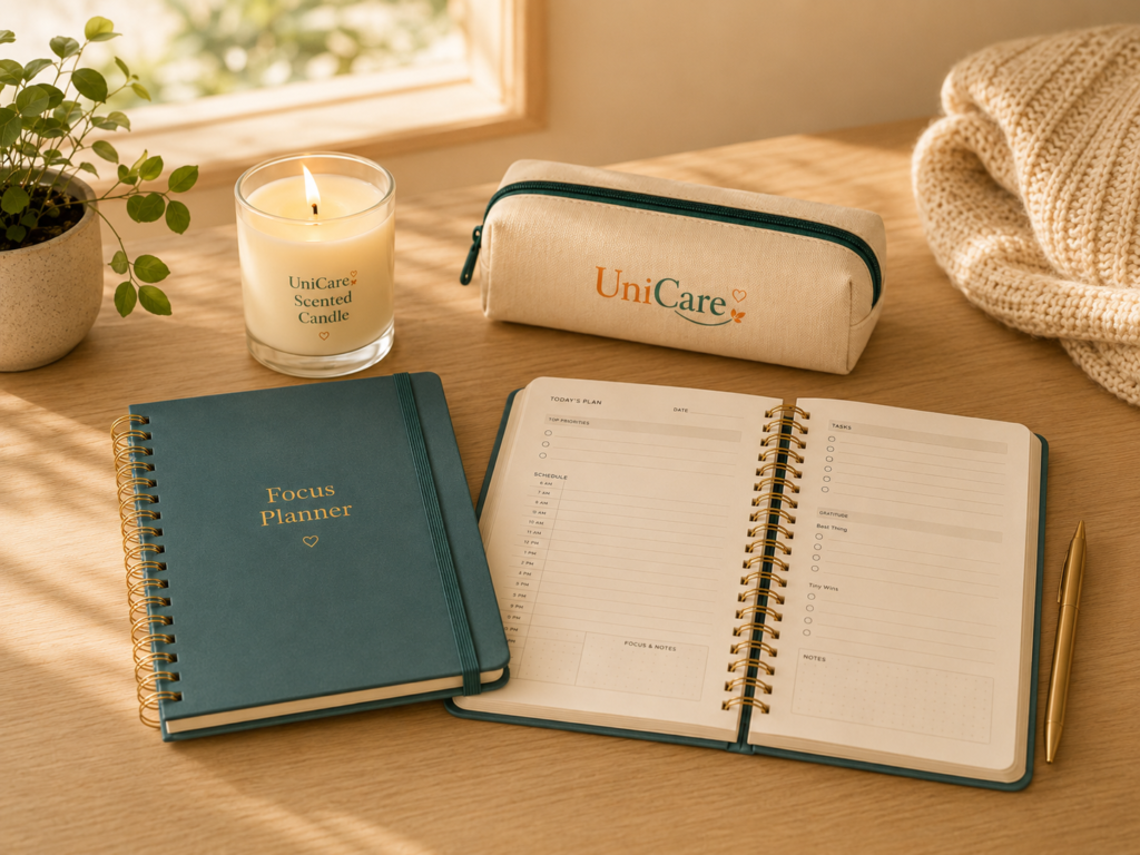 UniCare planner, candle, and pencil case arranged on a table with natural light, illustrating calm, productive, and organized study environment for university students.