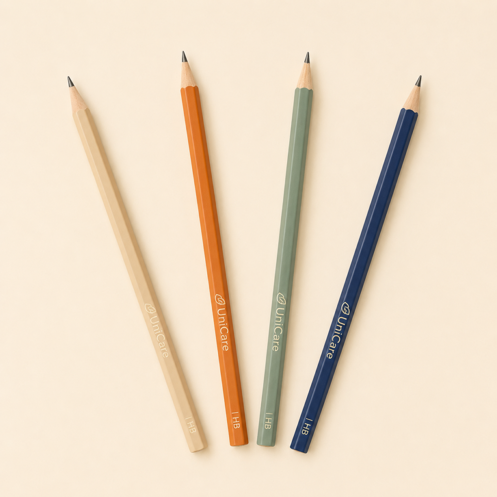 Beige, orange, sage green and navy blue UniCare pencils arranged in an arc on a light neutral background