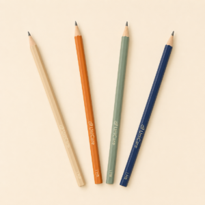 Beige, orange, sage green and navy blue UniCare pencils arranged in an arc on a light neutral background