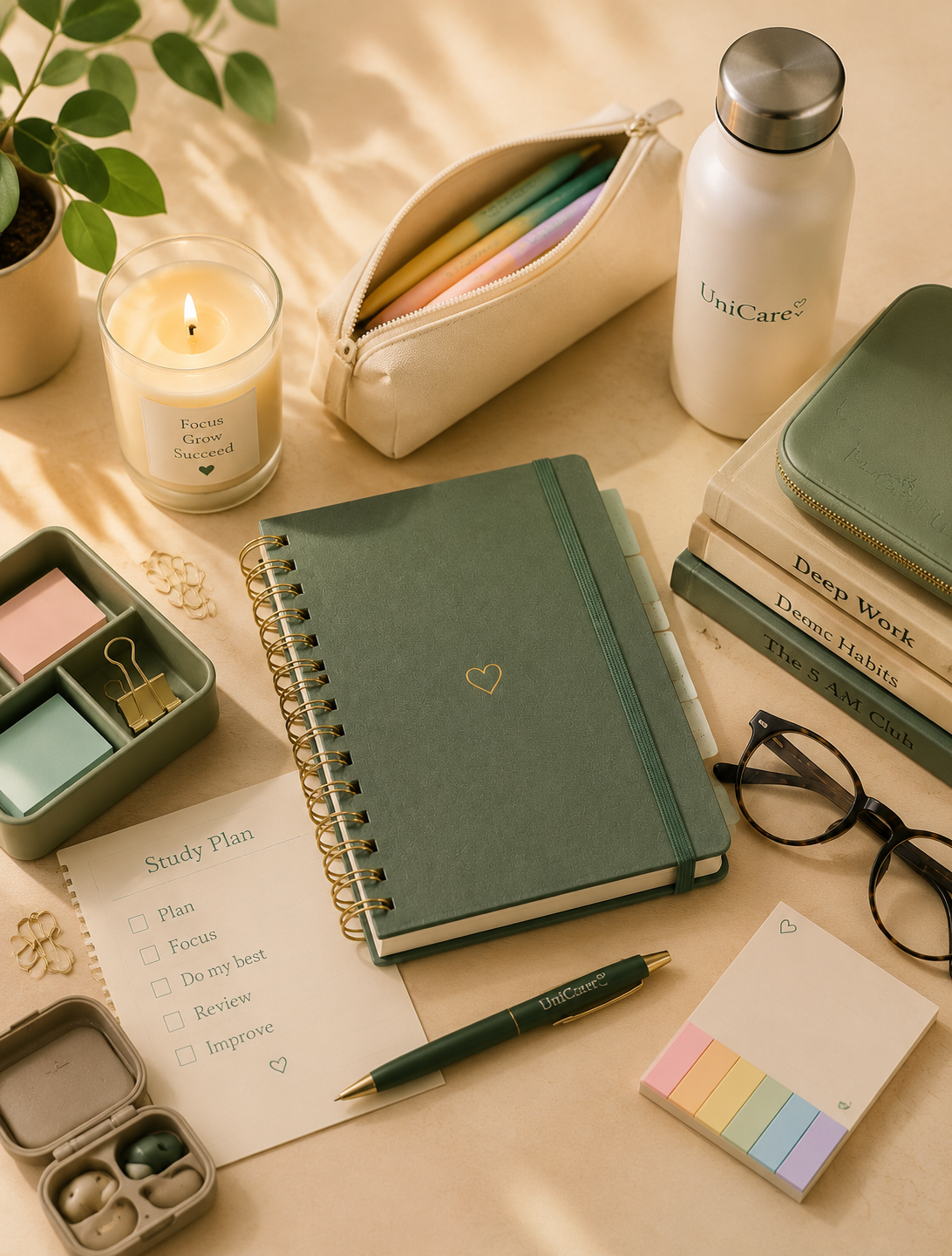 Flat lay of study essentials including notebook, planner, pens, sticky notes, and water bottle for productive study routine tips