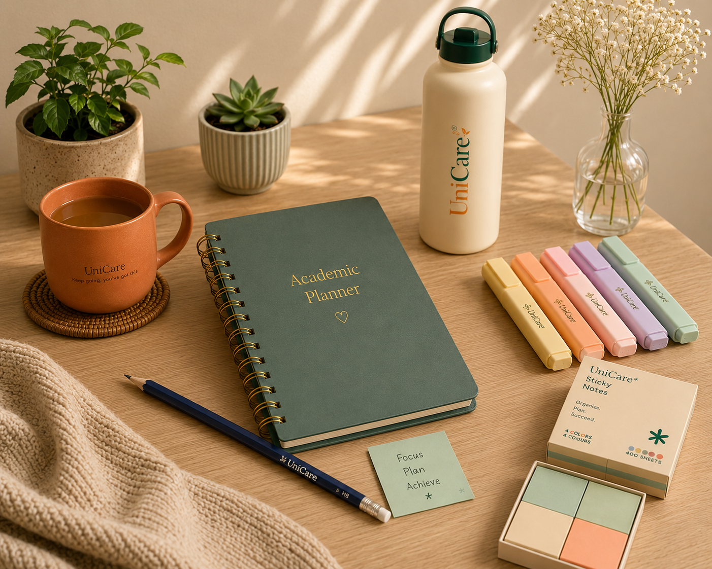 UniCare study essentials including academic planner, reusable water bottle, ceramic mug, pastel highlighters, pencil and sticky notes on a wooden desk