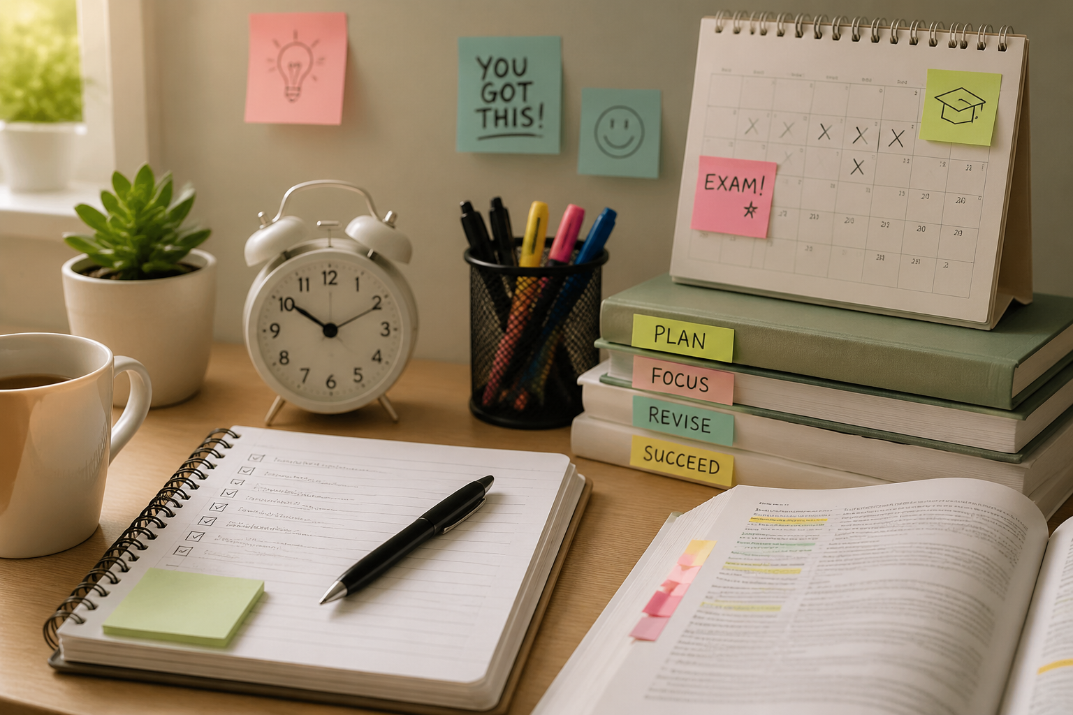 Desk with planner, notes, pens, sticky notes, and alarm clock illustrating exam study tips for students to stay organized and focused