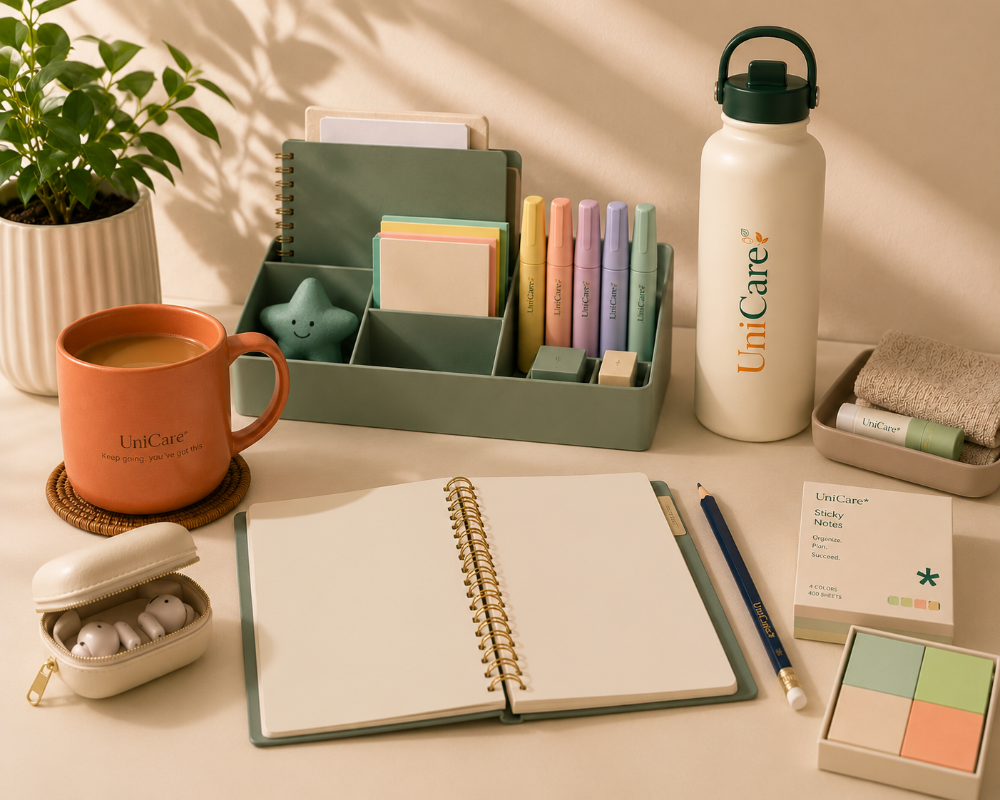 UniCare study desk featuring open academic planner, reusable water bottle, ceramic mug, pastel highlighters, pencil and sticky notes