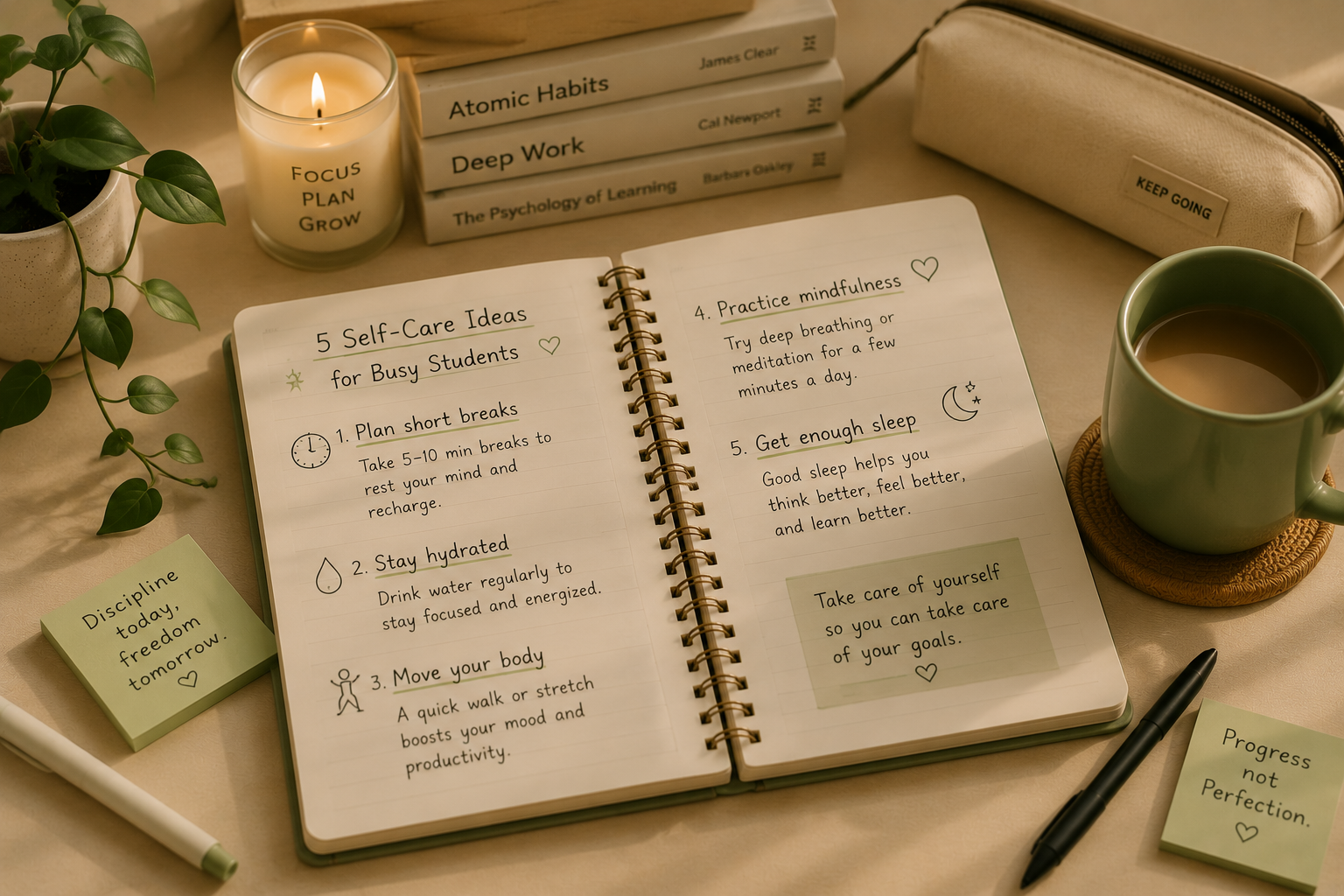 Flat lay of self-care items including notebook, candle, sleep mask, and coffee cup for self-care tips for students