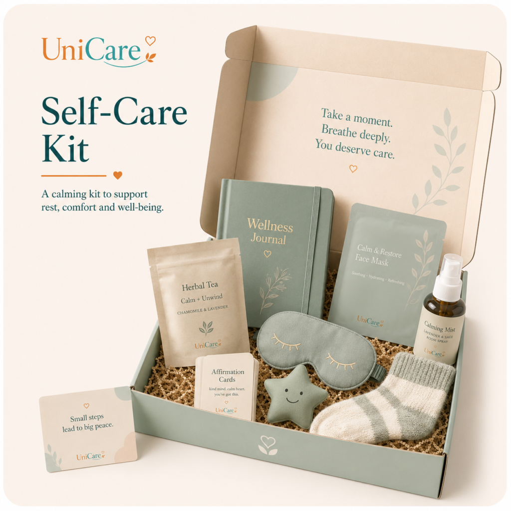 UniCare Self-Care Kit with wellness journal, calming tea, sleep mask, face mask, affirmation cards, cozy socks, stress relief star, and calming mist