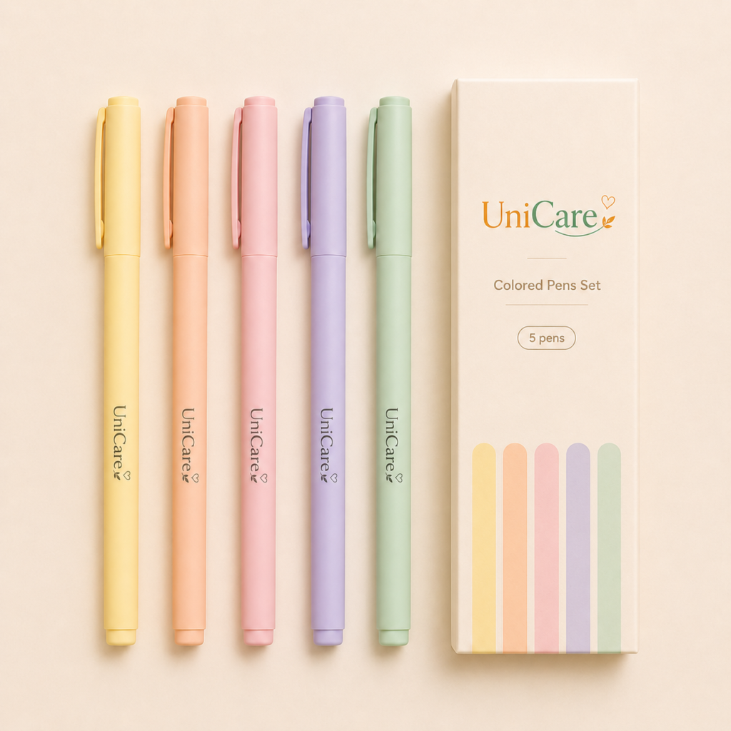 UniCare colored pens set with five pastel pens and matching box on a light beige background