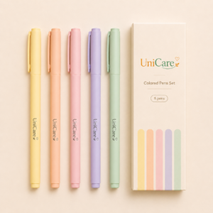 UniCare colored pens set with five pastel pens and matching box on a light beige background