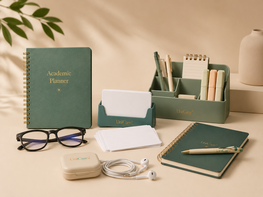 UniCare Study Essentials kit including planner, flashcards, pens, and writing tools for university students