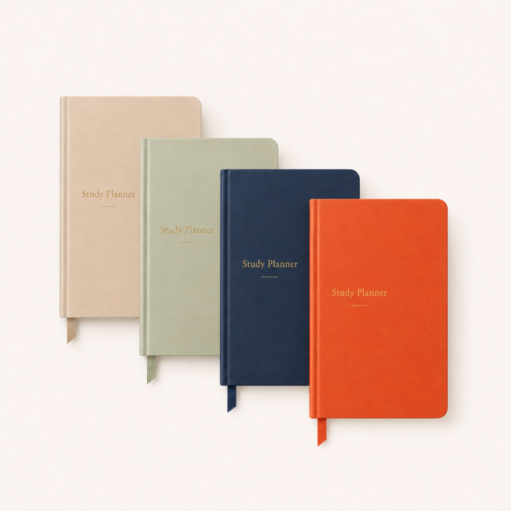 Beige, light green, navy blue and brick orange study planners arranged overlapping on a light neutral background