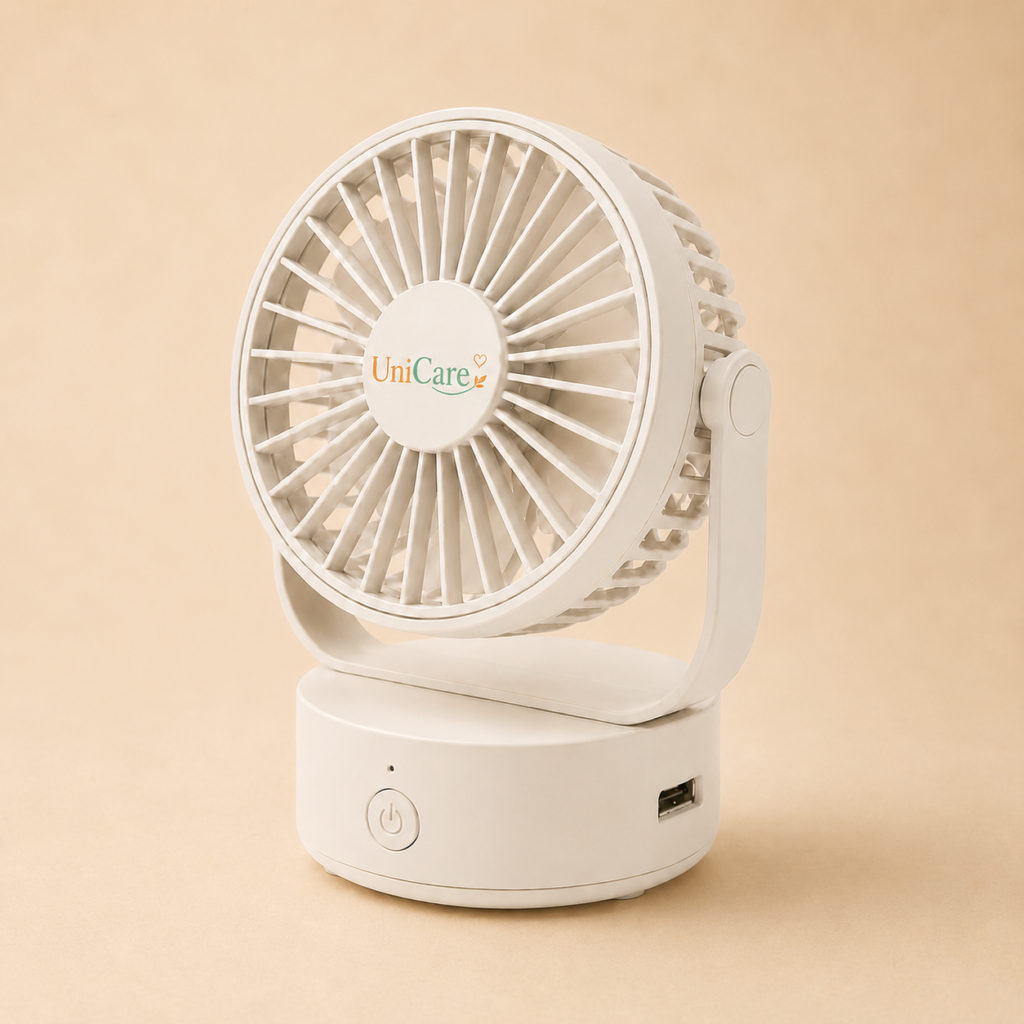 UniCare mini fan with USB port on a soft beige background