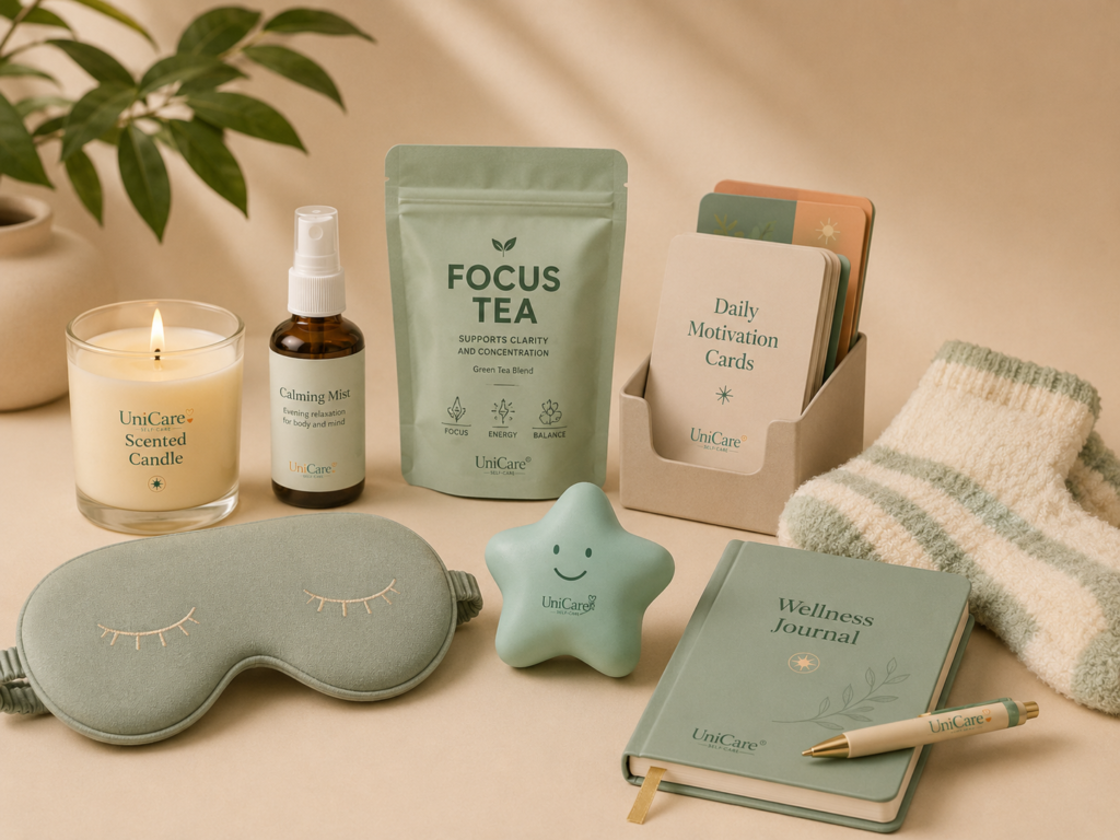 UniCare Self-Care kit with wellness journal, candle, herbal tea, eye mask, and cozy socks for student relaxation."