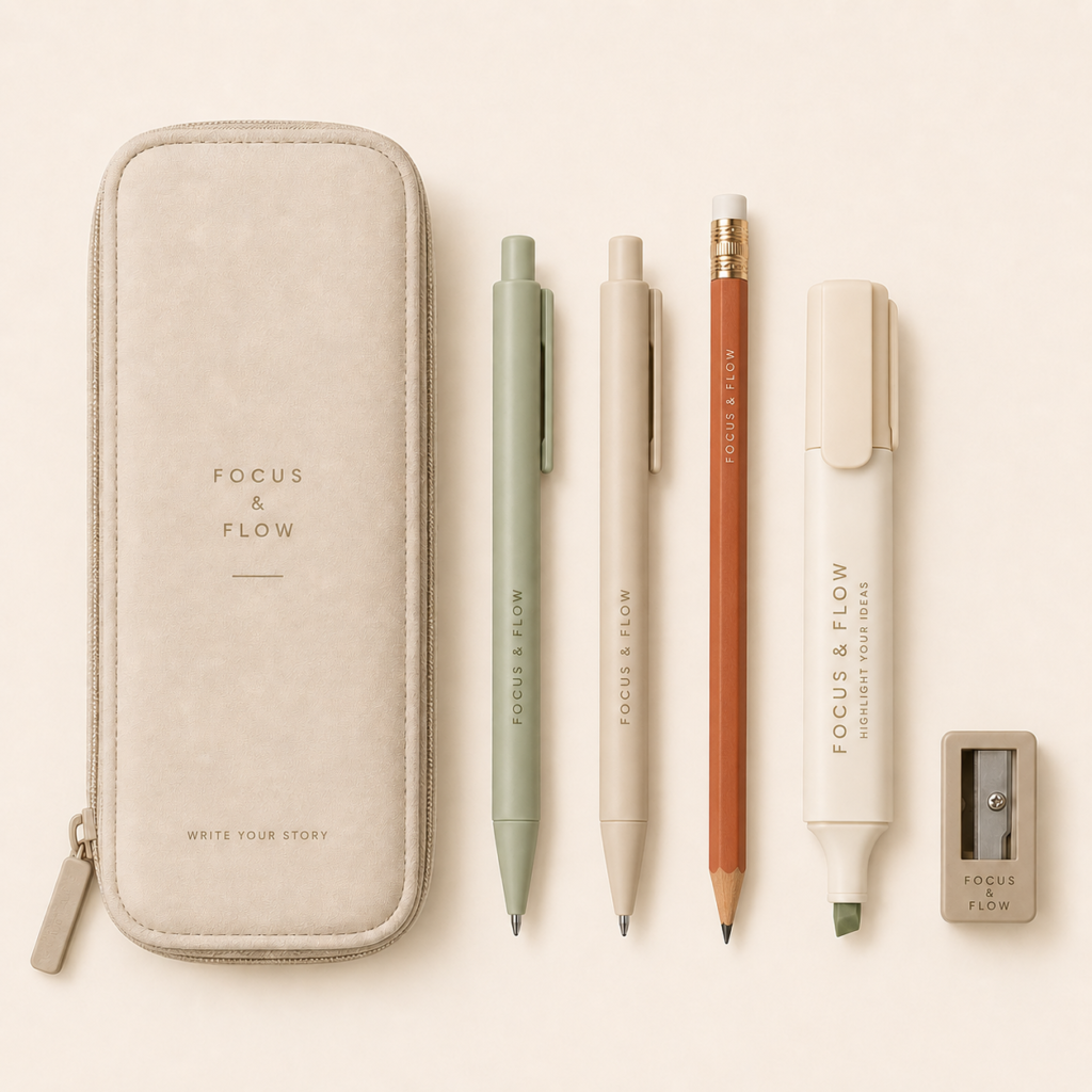 Writing tools set with pencil case, two pens, pencil, highlighter and sharpener on a clean neutral background